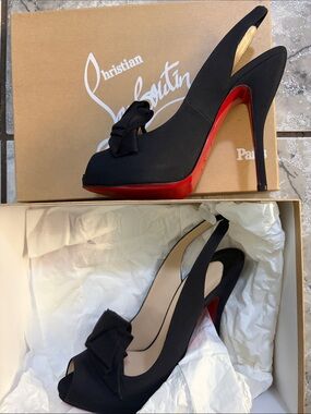 Christian Louboutin Black Satin Peep-Toe Slingback Pumps with Bow